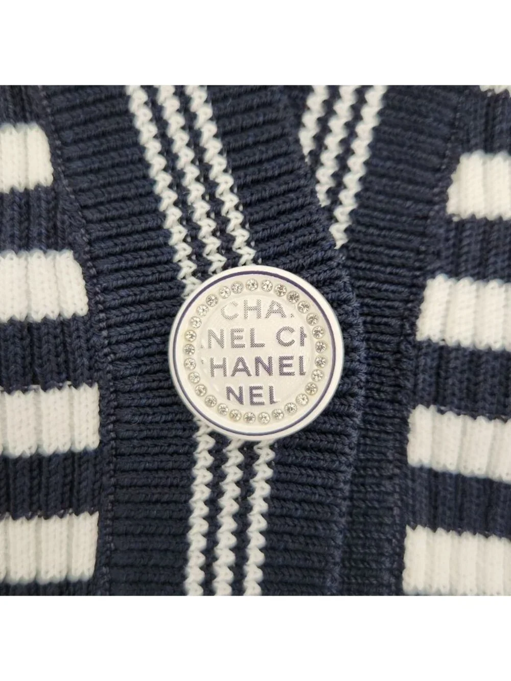 Chanel Marine Stripe Knit Cardigan Navy White
